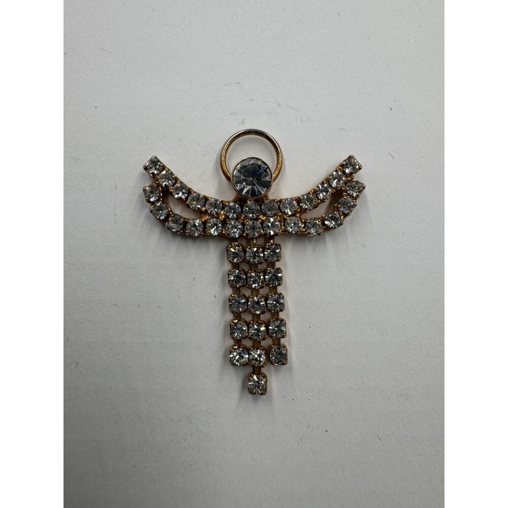 Vintage Clear Rhinestone Angel Shaped Gold Colored Lapel Pin